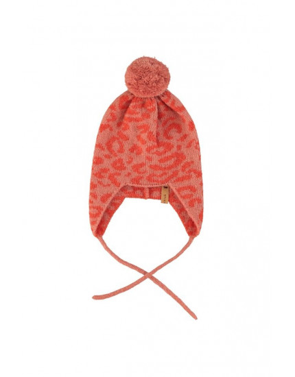 Knitted baby bonnet Pink w/ animal print 18M