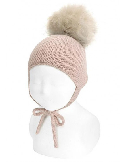 Merino blend baby knit hat w/earflaps & pompom Nude 914