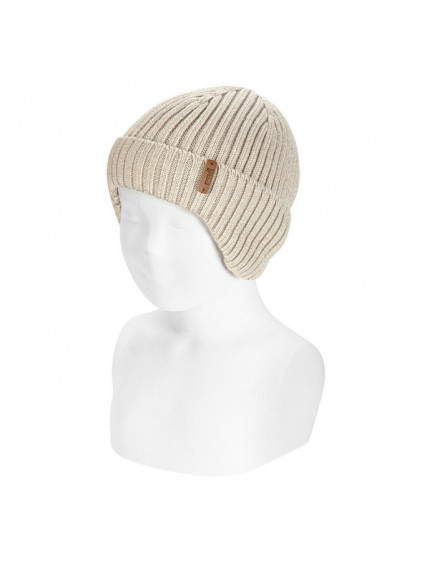 Merino wool rib knit hat with earflaps Nougat 981