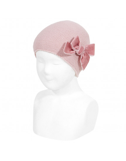 Garter stitch knit hat with big velvet bow Pale Pink 526