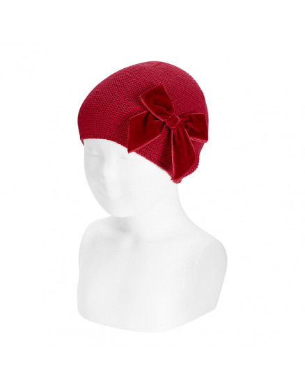 Garter stitch knit hat with big velvet bow Red Velvet 578